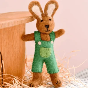 Tara Treasures Felt Brown Hare Rabbit With Green Overalls Toy> Small World Play
