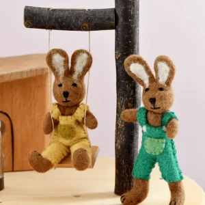Tara Treasures Felt Brown Hare Rabbit With Yellow Overalls Toy> Small World Play